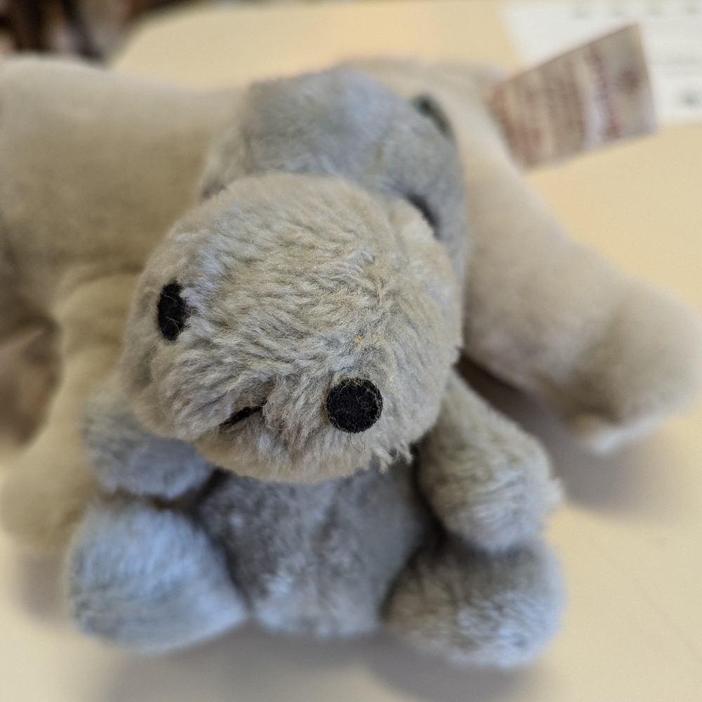 Dakin Hippo 1978 grey plush, felt ears, tail, vintage stuffed animal, plush